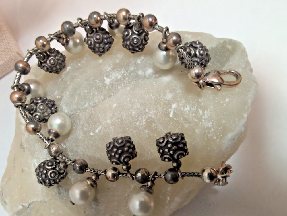 Brighton Sophisticate Faux Pearl Silver Dangle Bracelet Rose Tone-Retired